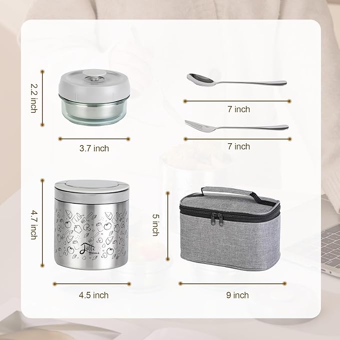 Lille Home Stainless Steel Thermal Lunch Box Set with Lunch Bag and Cultery | 22 Oz Vacuum Insulated Lunch Bento Box, to Keep Food Warm/Cool, 2 Small Food Container for Snack, Fruits and Sauces (Gray)