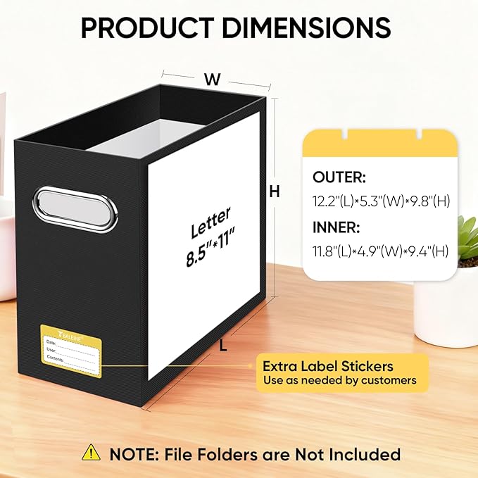 BALEINE File Organizer Box, Cardboard File Folder Organizer with Handle for Letter Size, Portable Collapsible Hanging Filing Box for Home Office Document Storage (2 Pack, Black)