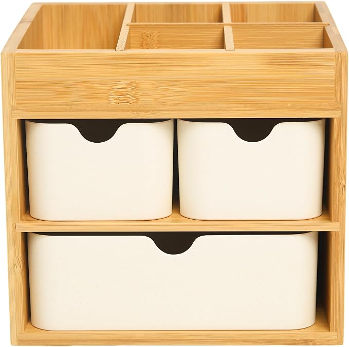 Bamboo Makeup Organizer with 3 Drawers | Wood Makeup Organizer, Dresser Cosmetic Box Organizer, For Home, Adjustable Dividers