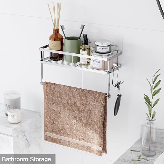 ESOW Paper Towel Holder Wall Mount with Shelf Self Adhesive, Brushed Nickel | SUS304 heavy-duty, fits jumbo rolls. Holds 11 lbs. Space-saving 2-in-1 for small bathroom, RV, camper, laundry