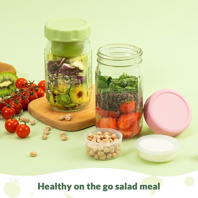 SOLIGT 4 Pack Glass Salad Jars with Lids Meal Prep, Leakproof Container for Lunch, with Wet/Dry Separation Cups, 32oz Mason Jars (Pink/Orange/Sky Blue/Olive Green)