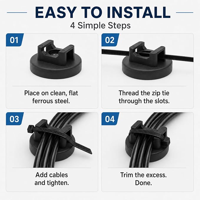20 Pcs 43 mm Magnetic Zip Tie Mounts with 200 Black Zip Ties, 25 lb Vertical Pull Force Extra Large Magnetic Cable Clips, Wide Magnet Wire Holder Bases for Cable Management on Steel Surfaces