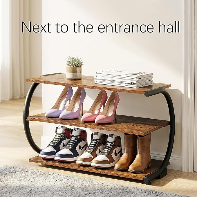 Shoe Rack for Entryway, C-Shaped 3-Tier 26” Wide Wood Shoe Storage | Space Saving Shoe Organizer, Wooden Shelves, Curved Metal Frame, Adjustable Feet, for Front Door Entrance, Closet, Hallway