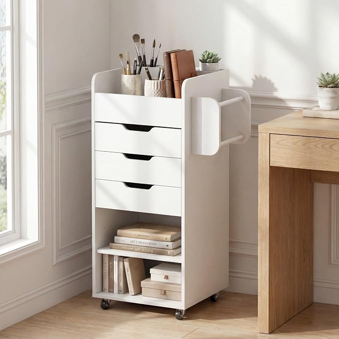 Tangkula Rolling Storage Cart, Wooden Drawer Cart with Drawers | Utility Storage Cart w/3 Shelves, Slots & Dowels, Mobile Organizer Cabinet on Wheels for Room Office Work Study