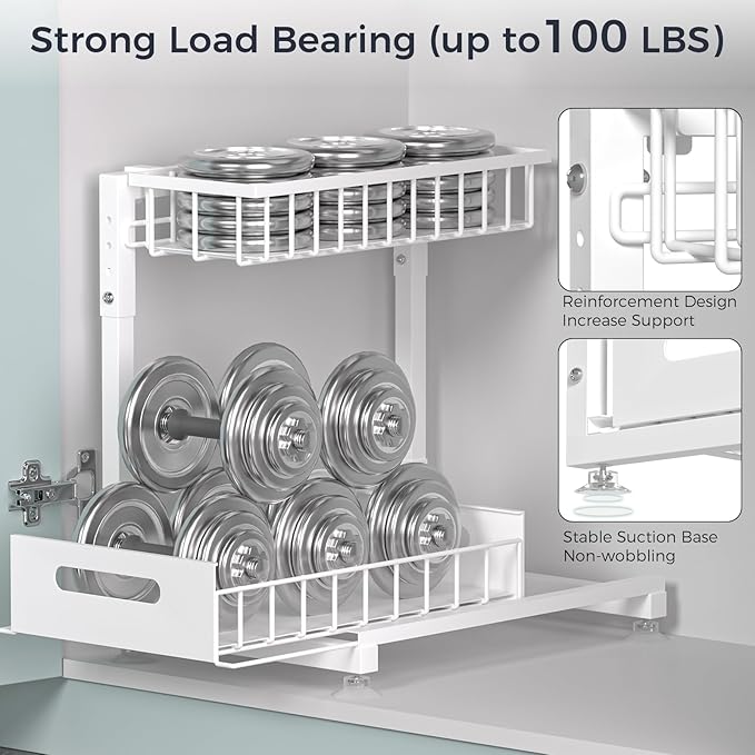 L-Shaped Under Sink Organizer, 2-Tier Pull Out Metal Kitchen Cabinet Organizer with Sliding Storage Drawer, Height Adjustable Heavy Duty Under Bathroom Sink Storage for Cleaning Supplies 1 Pack
