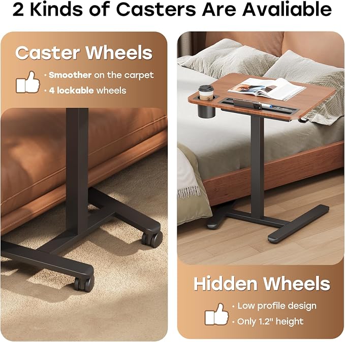 Small Mobile Standing Desk with Drawer, 23.6" x 19.7" Top | Height Adjustable Portable Laptop Desk with Wheels & Cup Holder, Sit Stand Computer Workstation for Compact Space, Dark Wood