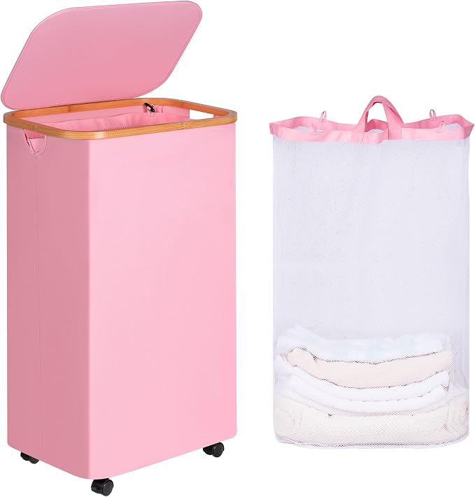 IEGrow Laundry Basket with Wheels 110L Clothes Hamper for Laundry,Pink | Laundry Hamper with Lid and Bamboo Frame, for Laundry Room, Bedroom, Dormitory Storage