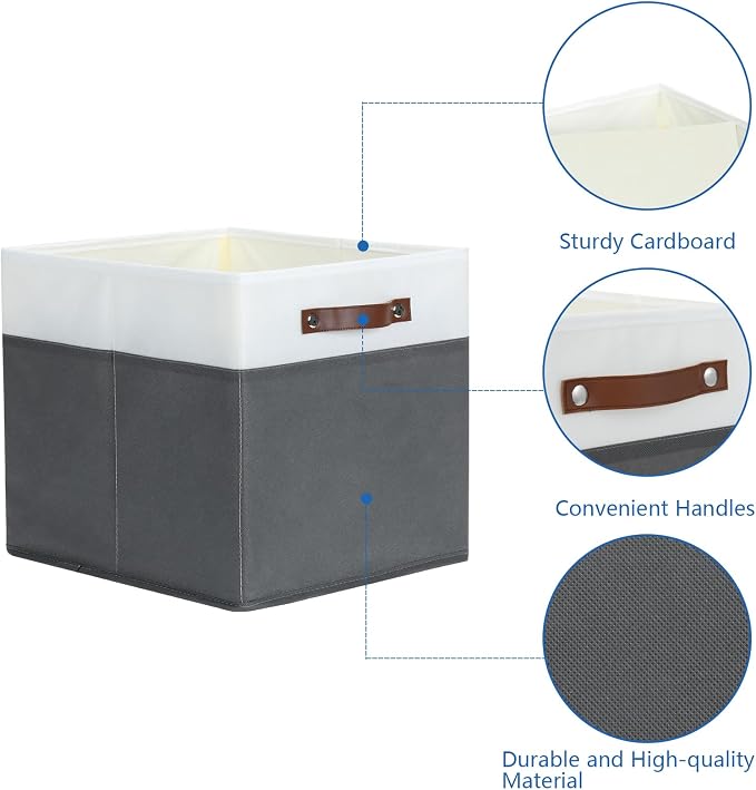 Temary Cube Storage Bins 4Pack Foldable Cube Baskets for Clothes Shelf Storage Basket with Handles, Storage Box Fabric Storage Organizer Bins for Home (White&Grey, 13x15x13 Inch)