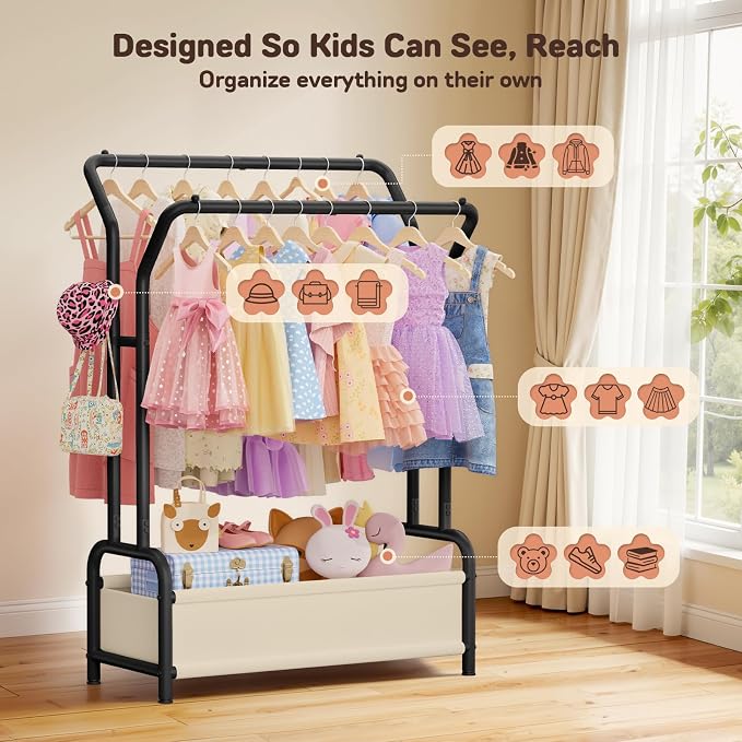 Small Kids Clothing Rack for Kids Room: Double Hanging Rods & Storage Basket - Height Adjustable Dress Up Storage - Anti-Tip Boys Baby Clothing Rack Open Nursery Baby Closet for Costumes, Shoes, Toys