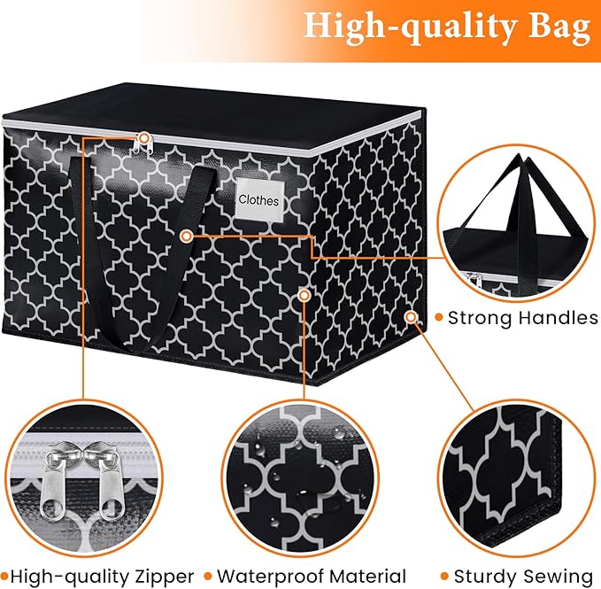 HomeHacks Heavy Duty Moving Bags with Tag Pockets, Collapsible Storage Totes for Moving, Camping & Travel -Foldable Packing Boxes, Zipper Handles, Black（2 Packs, 125L）