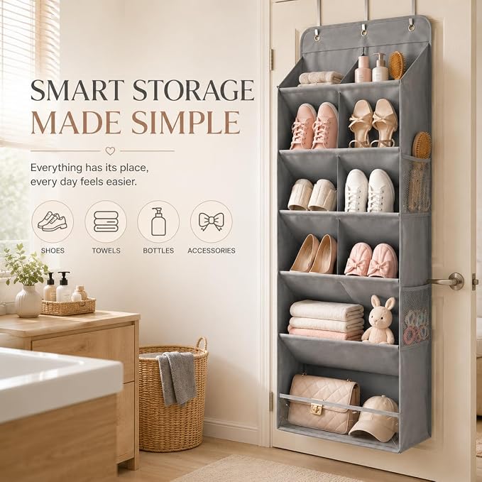 HOMELUX THEORY Hanging Shoe Organizer for Closet, 6 Tier Over the Door Shoe Organizer 120D Extra Thick with Deep Pockets, Shoe Rack for Closet & Entryway, with 4 Side Storage Pockets (Dark Gray)