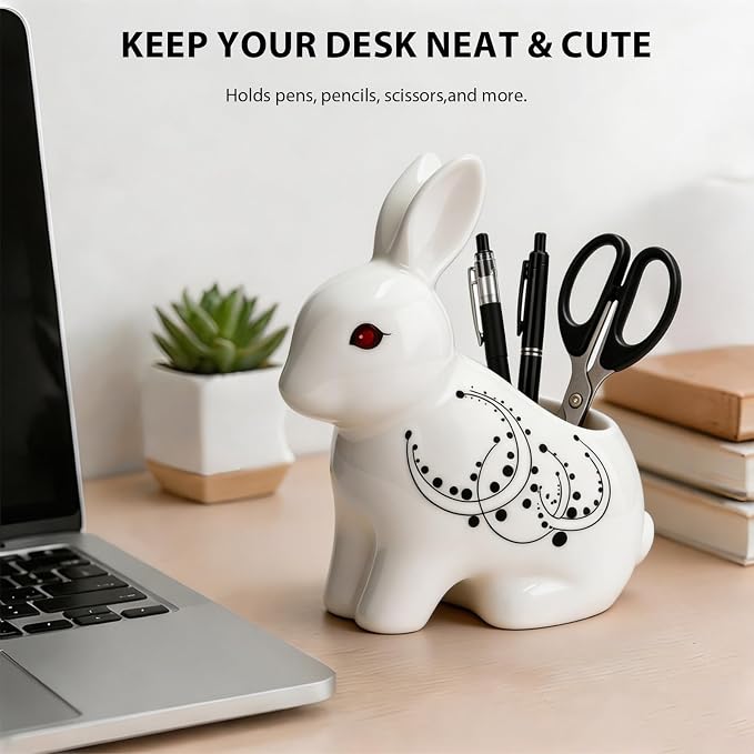Ceramic Rabbit Shaped Pen Pencil Holder for Desk Decoration Accessories Rabbit Decor Makeup Brush Pen Cups Office School Ideal Gifts for Women, Mom or Birthdays