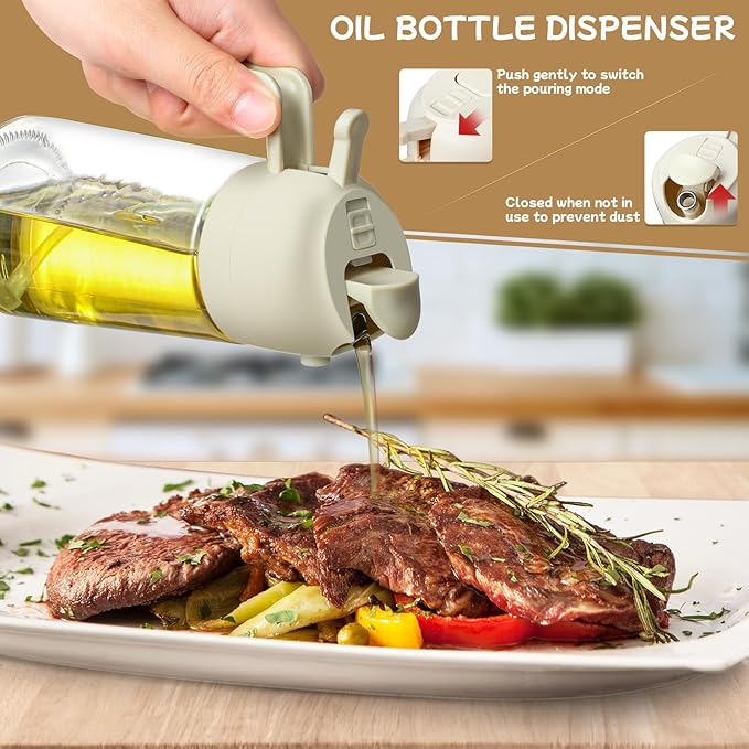 Oil Sprayer for Cooking 2pcs,2 in 1 Oil Dispenser and Oils Sprayer Kitchen Gadgets-16oz Glass Oils Spray Bottle,Mist Olive OilDispenser,Air Fryer,Salad,Grill (White Kitchen Accessories)