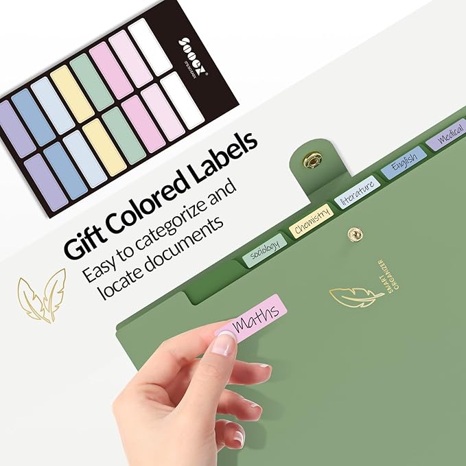 Sooez Aesthetic 8 Pocket Accordion File Organizer, Pastels Expanding File Folder for Important Document with Labels, Portable Receipt Bill Organizer for Office School Supplies, Letter Size Olive Green