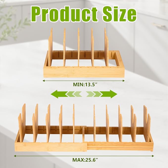 Pots and Pans Organizer for Under Cabinet - Expandable Bamboo Pot Lid Organizer, Pan Organizers inside Cabinet, Drawer Pot Lid Holder Rack for Kitchen Organization and Storage