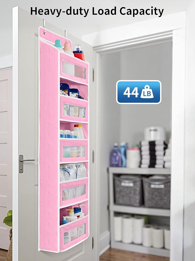 JARLINK Over The Door Organizer Storage, 5 Shelf Hanging Door Organizer with 5 Large Capacity Pockets, Anti Tilt 44 lb Load Behind Door Storage for Bedroom, Bathroom, Pantry, Nursery, (Pink)