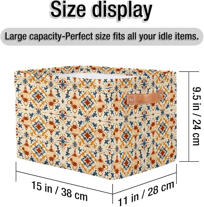 Rectangle Storage Baskets for Shelves, Blue Orange Tribal Floral Storage Cube Organizer Bins Collapsible Toy Basket for Nursery Home Room