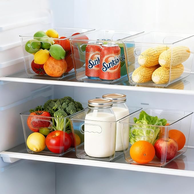 Clear Fridge Organizer Bins with Handles, 4 Pack Medium 10×6×5 Inch | Clear storage bins with handles, food organizer basket for kitchen, fridge, freezer and bedrooms