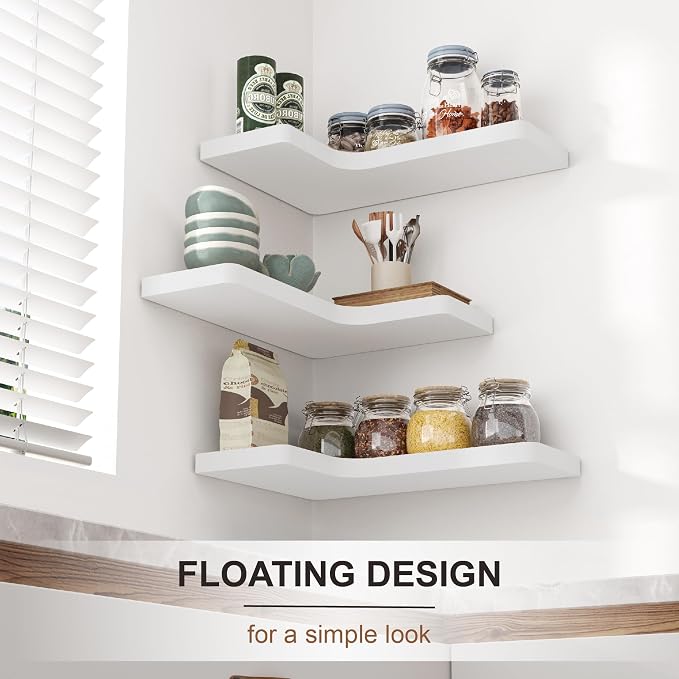 fuqing Corner Floating Shelves, Wall Shelf Set of 3, Shelves for Wall Storage, Solid Wood Shelves for Storage, Wall Mount Wooden Display Shelf for Bathroom Bedroom Kitchen Garage, White