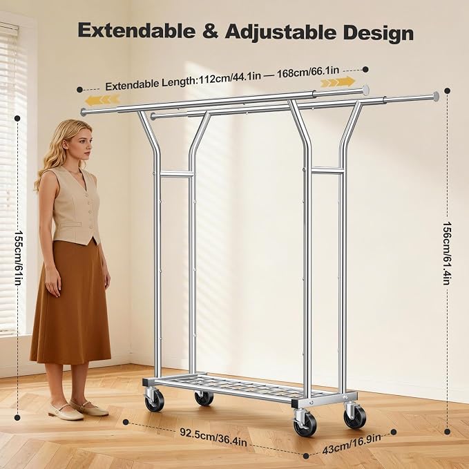 Heavy Duty Rolling Garment Rack, Double Rod Clothing Organizer, Silver | Supports up to 500 lbs, extendable double hanging rod, lockable wheels, storage shelves for bedroom, laundry, and living room