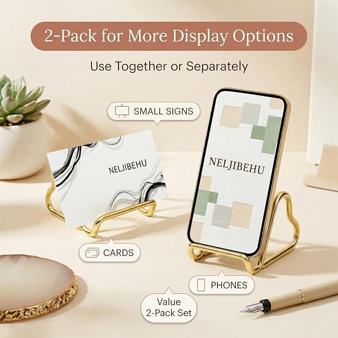 2 Pcs Cute Gold Metal Heart Business Card Holder for Desk | Metal Heart Business Card Display Stand, Pretty Desk Organizer and Cute Desk Accessories for Office Desktop
