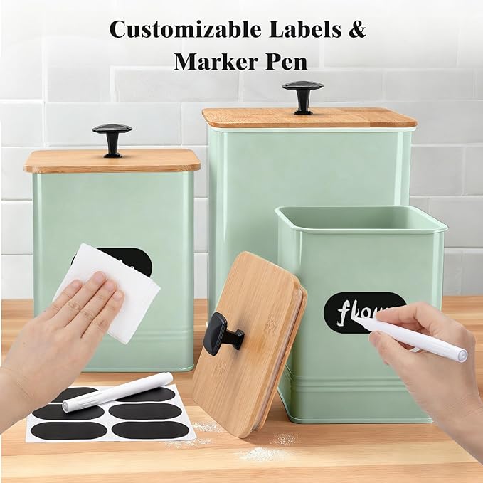 Kitchen Canisters Set of 3, Metal Flour Sugar Storage Containers with Airtight Lids-Canisters Sets for Kitchen with Customizable Chalkboard Labels & Marker Pen-Spice, Coffee Storage Jars(Saga Green)