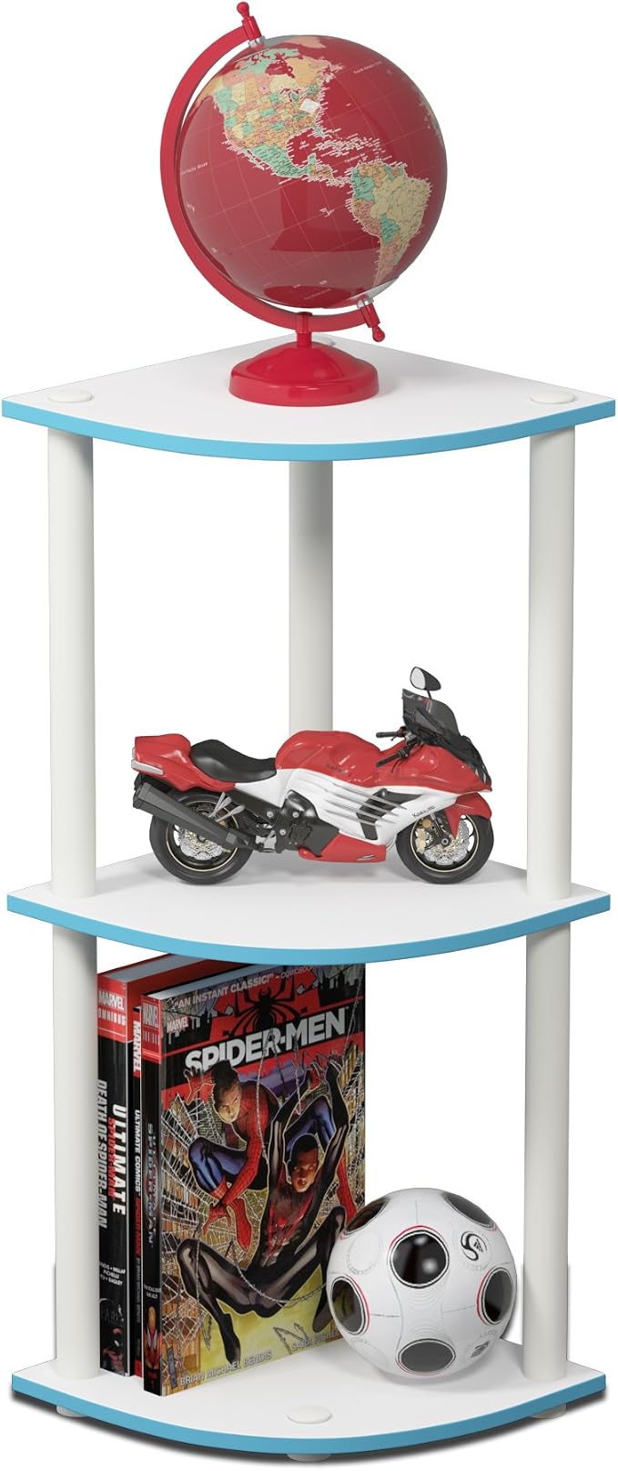 Furinno Turn-N-Tube Toolless Assembly 3-Tier Corner Shelf, Blue Corner Book Shelf, Open Shelves Bookshelf, for Organization and Storage, Living Room, Home Office, Bedroom, Soft Blue