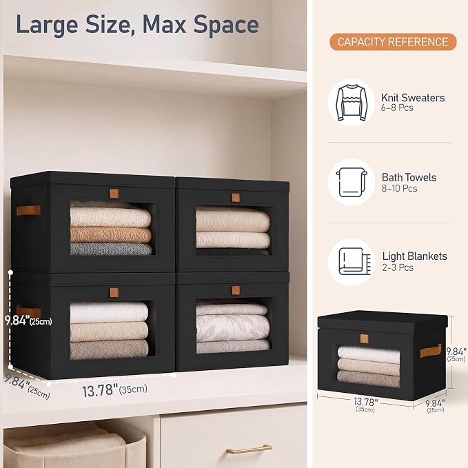 DIMJ Storage Bins with Lids - 6 Pack Front Opening Stackable Fabric Storage Boxes with Clear Window & Handles, Collapsible Closet Organizers for Clothes, Sweaters, Shelf Storage, Bedroom, Black