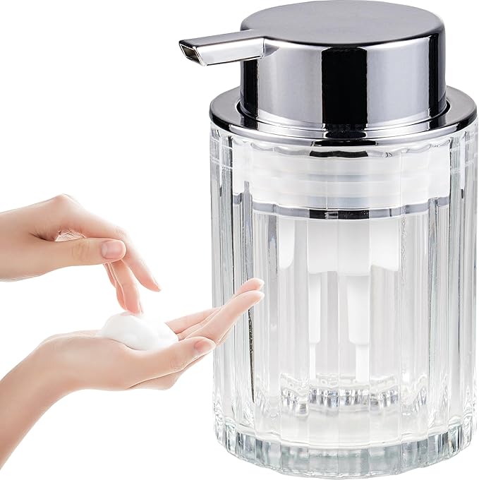 Amolliar Foaming Soap Dispenser, Plastic Pump Clear Glass Soap Dispenser, 8OZ Refillable Hand Soap Dispenser for Bathroom, Kitchen, Bath, Soap Pump Bottle for Liquid or Lotion Dispenser(Silver 1 Pack)