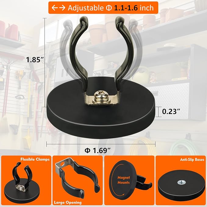 MUTUACTOR 4PCS Universal Magnetic Hooks,Anti-Slip Magnetic Mount Heavy Duty Hooks for Flashlight Holder,Large Opening Durable Magnets Flexible Clamps for Garage Organize Garden Workshop Tools Storage