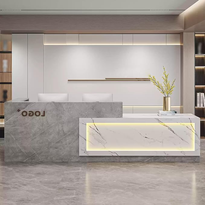 Modern Reception Desk with Counter, Front Desk Reception Counter with Lockable Drawer, Keyboard Tray & Storage Cabinet, Solid Wood Receptionist Table for Salon Office Lobby (E - Right, L 2.4m/94in)