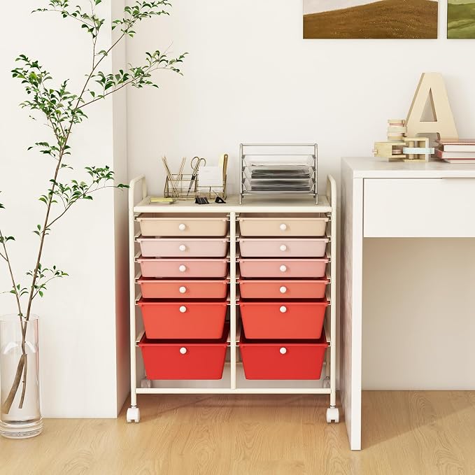 Moccha 12-Drawer Rolling Storage Cart - Utility Cart on Wheels with Lockable Casters for Craft Art Supply Paper Salon, Mobile Drawer Carts for Classroom Teacher School Office (Gradient Pink)