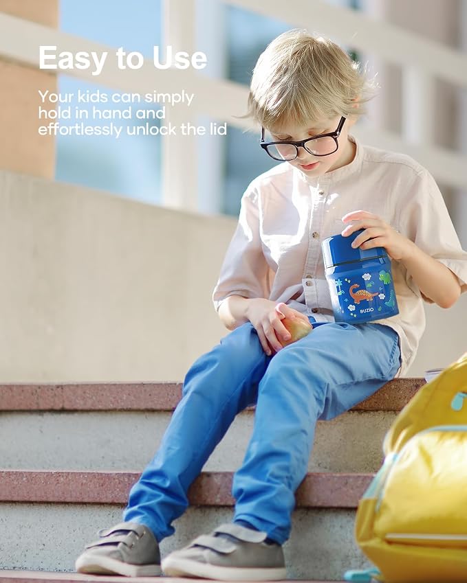 BUZIO Insulated Food Container for Kids Adult, 10oz Stainless Steel Vacuum Insulated Kids Food Jar with Folding Spoon, Leak Proof, Vacuum Insulated food jar, Portable Food Bowl, Blue Dinosaur