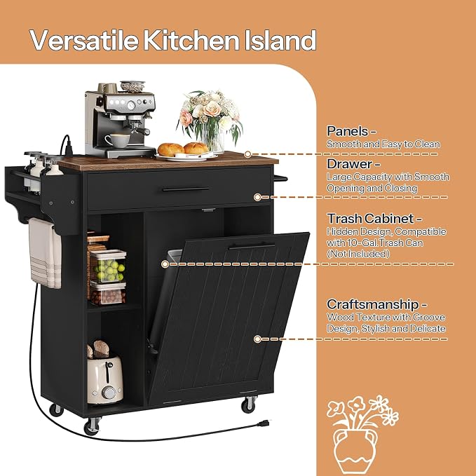 HOOBRO Kitchen Island with Trash Can Storage, Rolling Kitchen Island on Wheels, Mobile Island Cart with Power Outlet, Islands Table for 10 Gallon Garbage Bin, Rustic Brown and Black BF80UZD01G1