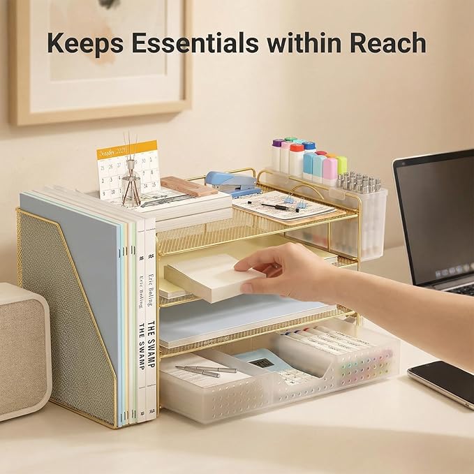 ECOLOVI Desk Organizer, 4-Tier Paper Organizer Letter Tray with File Holder, Drawer and 2 Pen Holders, Desktop File Organizer for Office Supplies, Workspace Storage, Gold