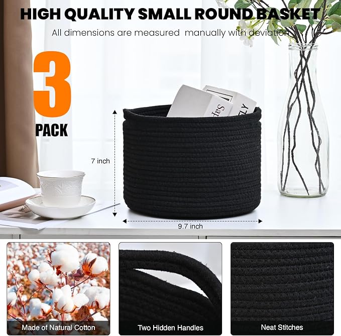 ICERZCZ Small Black Baskets for Organizing, Storage Baskets for Shelves, Small Woven Basket for Storage, Cute Basket for Gifts, Mini Cotton Rope Baskets, 9.7"×9.7"×7" (3 Packs) Black