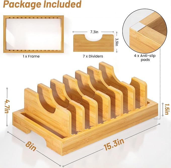 Kiasthome Bamboo Pot and Pan Organizer, Pot Lid Organizer Holder Rack for Countertop Drawer, Kitchen Cabinet Organizer with 7 Adjustable Dividers for Pots, Pans, Baking Sheets, Cutting Boards, Nature