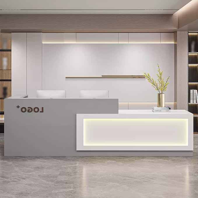 Modern Reception Desk with Counter, Front Desk Reception Counter with Lockable Drawer, Keyboard Tray & Storage Cabinet, Solid Wood Receptionist Table for Salon Office Lobby (G - Right, L 2m/78in)