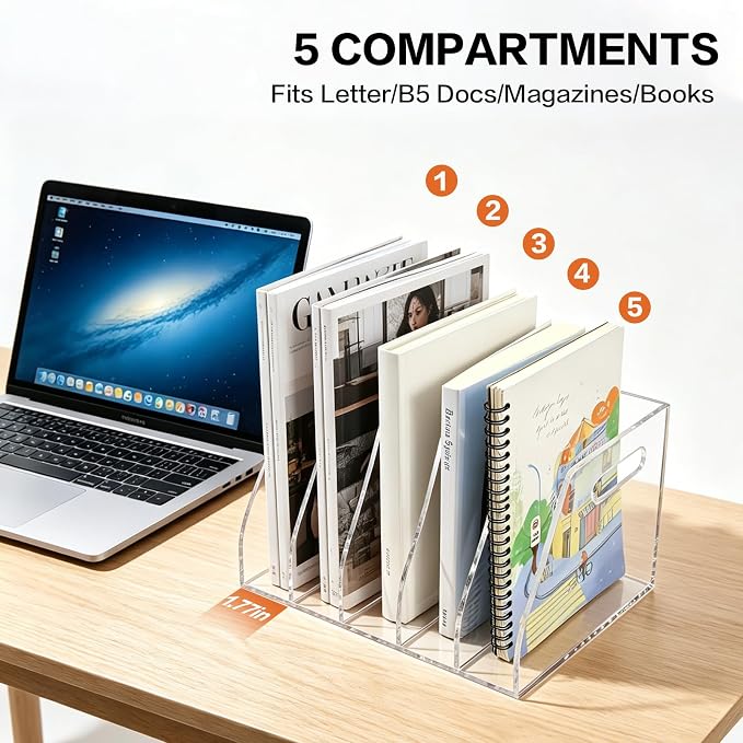 Acrylic Magazine File Holder with Carrying Handle, 5 Vertical Compartments Desk File Organizer, Clear File Sorter for Office, Magazines, Books, B5 Size