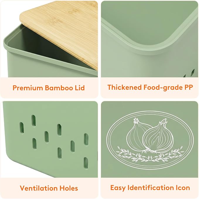 Lifewit Plastic Potato and Onion Storage Bin Box, Set of 3, Green | Stackable Garlic Keeper, Vegetable Container Box, Aerating Holes & Lid for Pantry Countertop