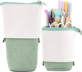 Telescopic Pencil Bag Pen Holder Stationery Case, PU Corduroy Stand-up Retractable Transformer Bag Colorful Organizer, Great for Christmas Holiday (Green)