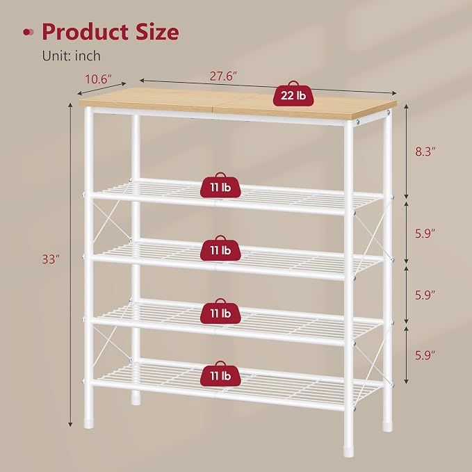 Tajsoon 5 Tier Shoe Rack Organizer for 16-20 Pairs of Shoes, Metal Mesh Shoe Shelf for Closet, Industrial Shoe Rack for Entryway Shoe Storage with X Shape Fixed Frame, White & Log