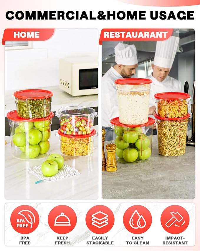 2QT NSF Food Storage Containers: 8 PCS [Food Grade][Hot&Cold Resistant] Commercial Clear Round Food Storage Containers with Scales Handles for Home Restaurant Kitchen Proof Dough(BPA FREE)