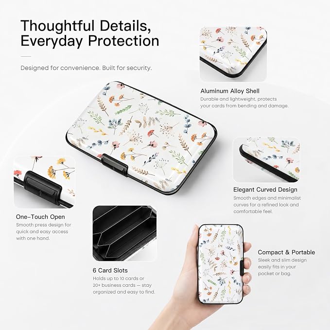 Credit Card Holder RFID Aluminum card case Leaves mini Wallet Women Men | ABS Business ID Case,Hard Case Large Capacity 6 Slots, Waterproof Durable ，Secure Closure Slim Small Credit Card Protector