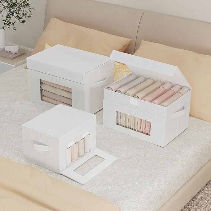Storage Bins with Lids, Cube Organizer Basket with Window, Closet Boxes with Carrying 2 Handles and Sturdy PP Support Plate, 2 Pack, White, 13 x 9 x 7.9 In, XSNY17WM-2