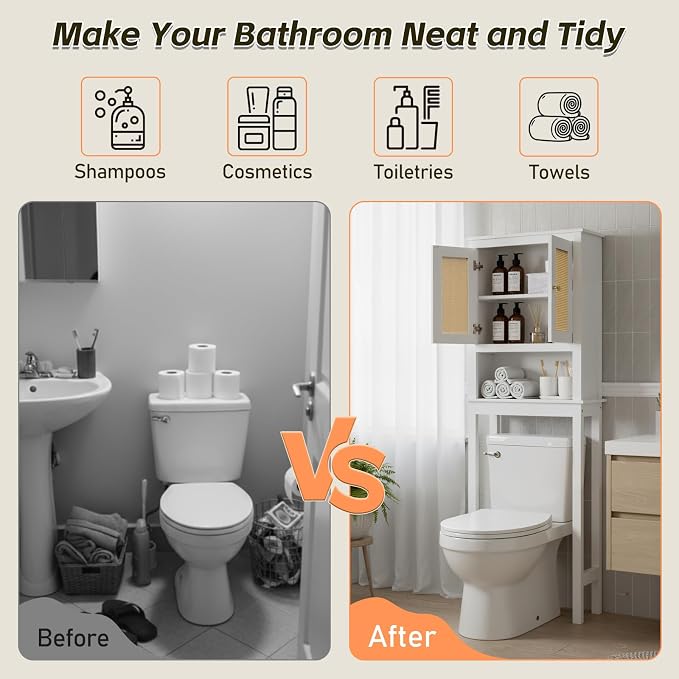 Over Toilet Storage Cabinet with Barn Door & Adjustable Shelves | 24 Inch Wide Bathroom Organizer, Space-Saving, Sturdy Wood, Anti-Tipping, Easy Assembly, for Restroom, Laundry, Small Spaces