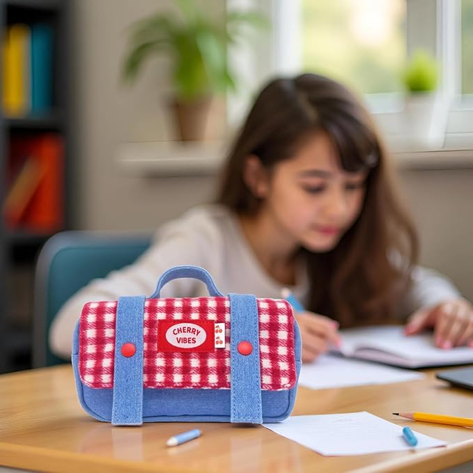 Cute Checkered Pencil Case, Red White Plaid with Denim Patchwork, Large Capacity Gingham Pattern Pen Bag with Handle, Big Stationery Organizer, Multi-Use Storage Pouch, 8.7x1.6x4.7 Inches, Blue