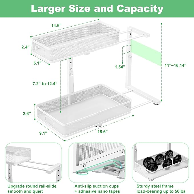 Under Sink Organizer 2 Pack, High Adjustable 2 Tier Under Sink Organizers and Storage, Slide out Metal Cabinet Organizers, Pull out Storage Drawer Shelf for Kitchen Bathroom Cabinet