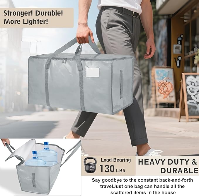 16 Pack-Extra Large Heavy Duty Moving Bags - Waterproof Storage Totes with Handles & Zippers, Foldable for College Dorm, Storage (Light Gray)