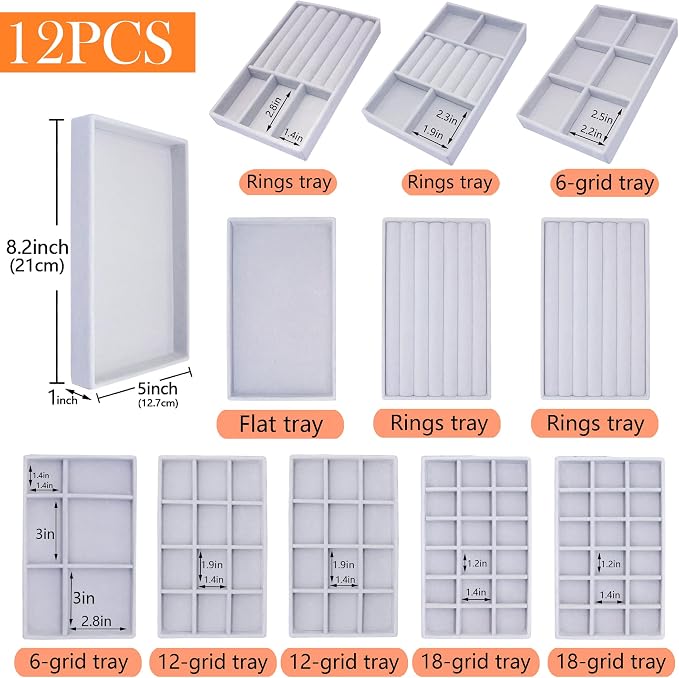 12 Set Jewelry Organizer Trays Stackable Jewelryy Display Case Storage Box for Earring Necklace Rings Bracelet Watch